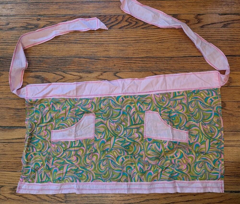 vintage Handmade Pink Green Apron Pockets Women's